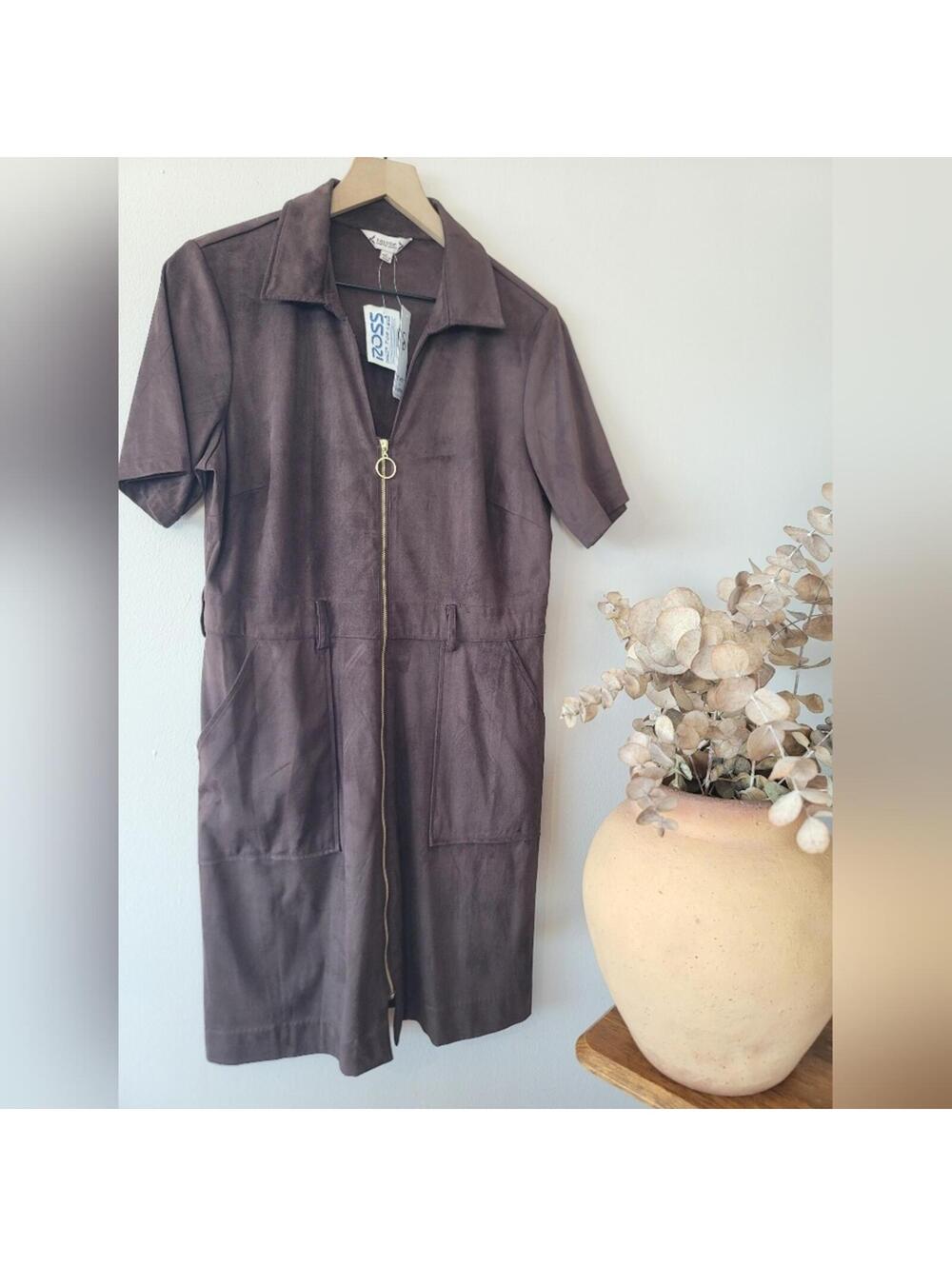 Faux Suede Zip Shift Mini Dress Chocolate Brown Sz 8 New